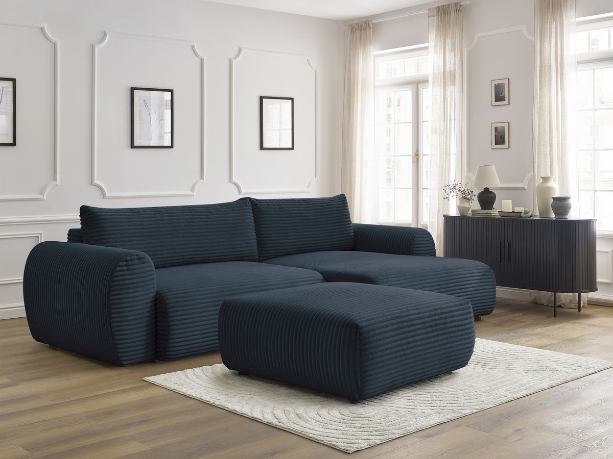 Canapé d'angle convertible coffre LUCIEN gros côtelé doux avec pouf
