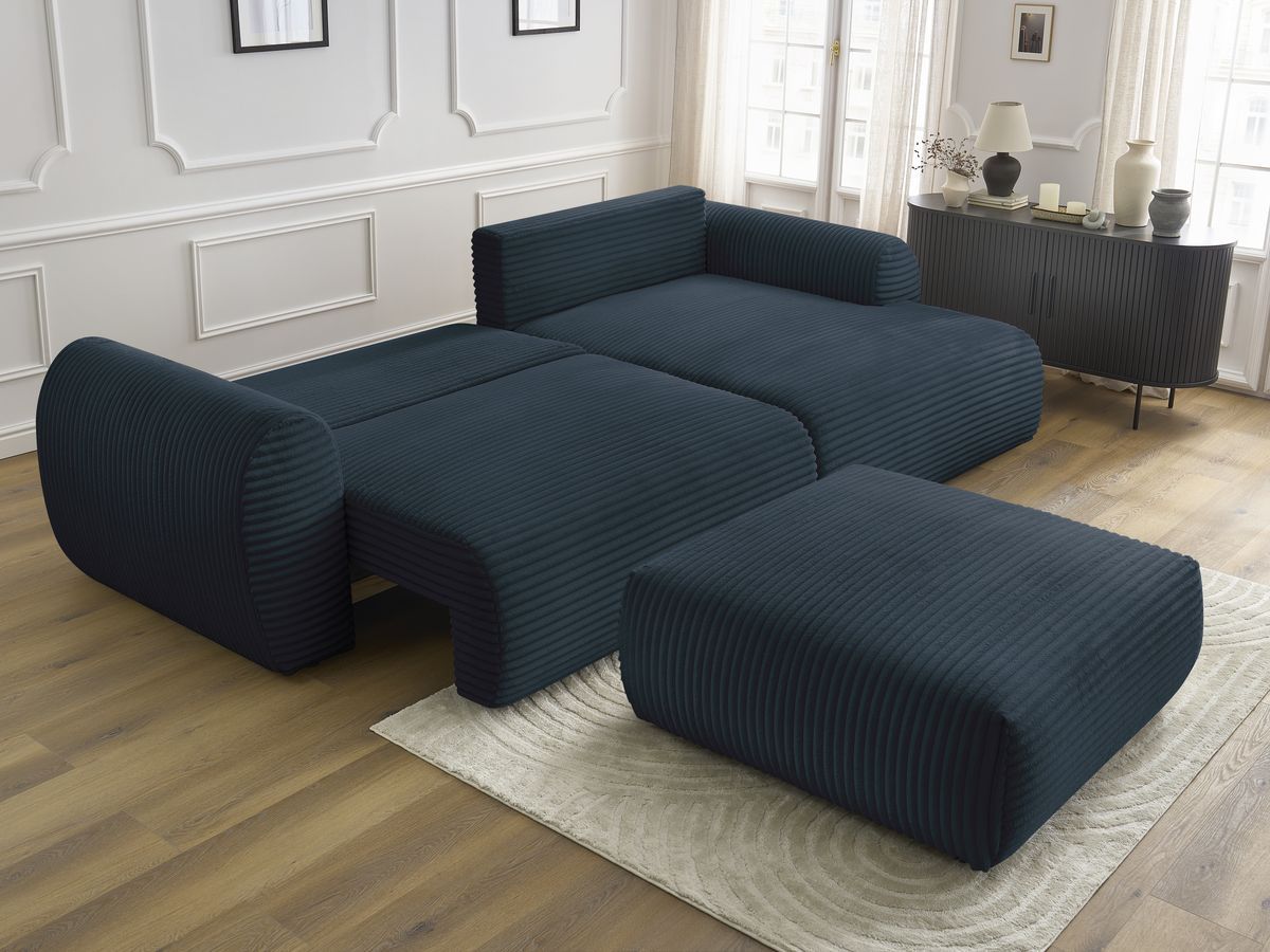 Canapé d'angle convertible coffre LUCIEN gros côtelé doux avec pouf