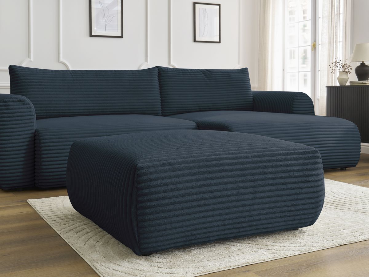 Canapé d'angle convertible coffre LUCIEN gros côtelé doux avec pouf
