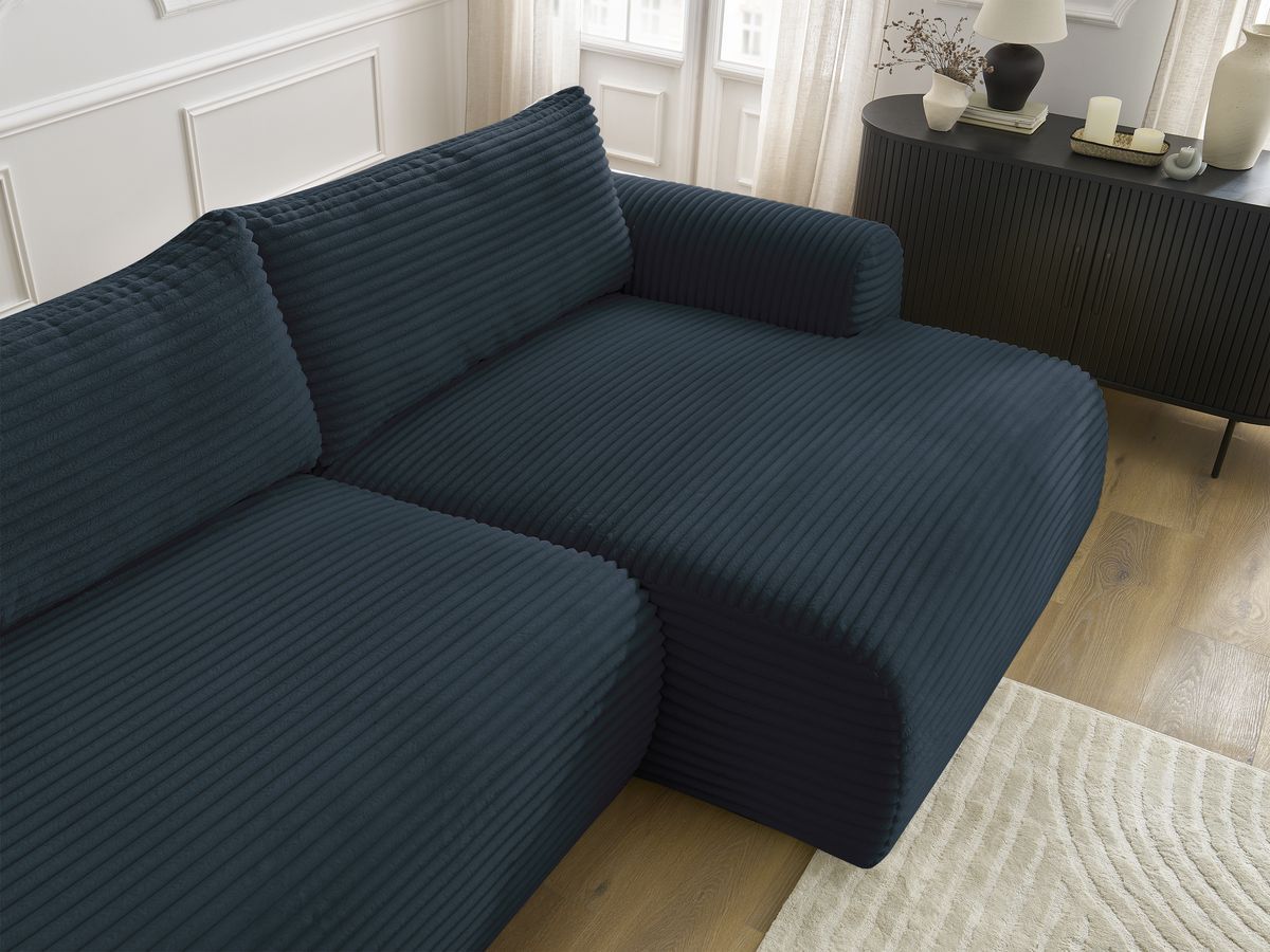 Canapé d'angle convertible coffre LUCIEN gros côtelé doux avec pouf