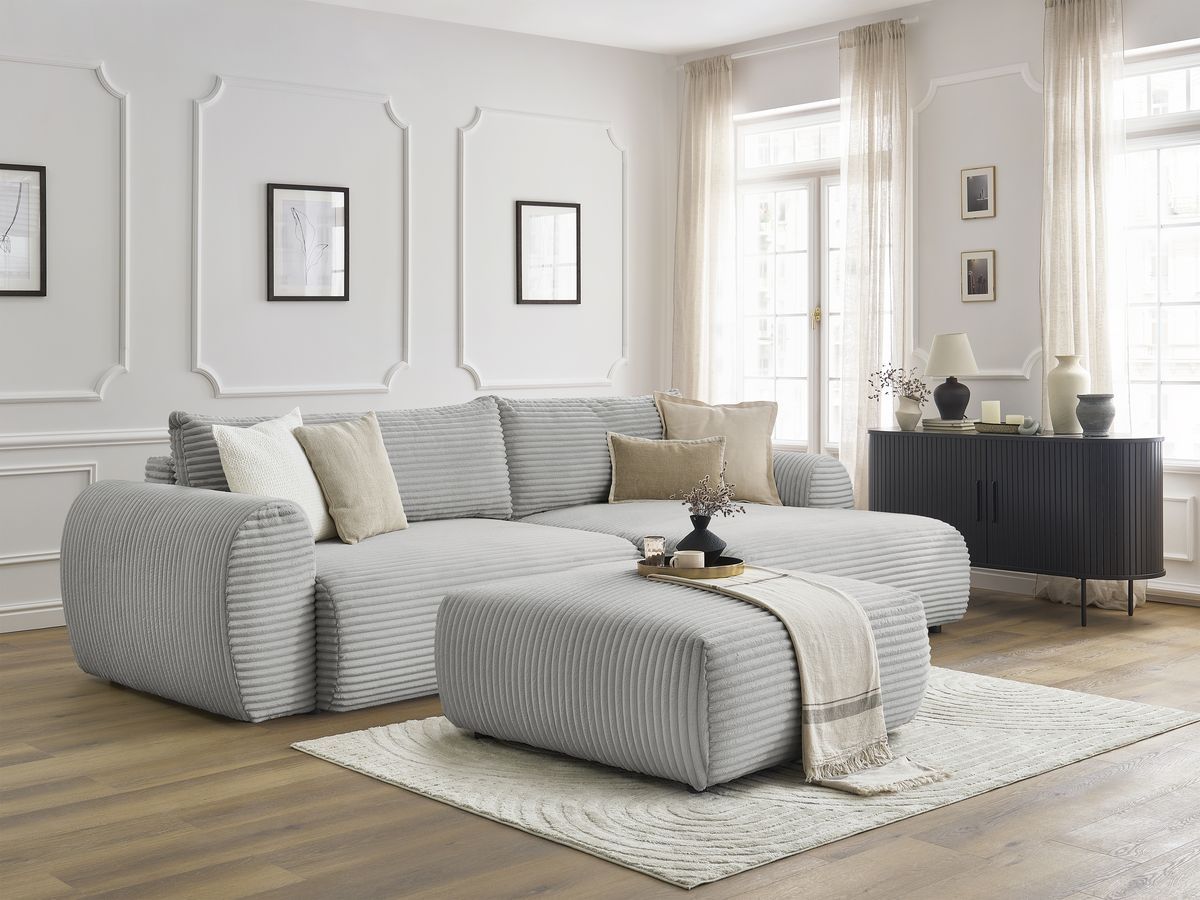 Canapé d'angle convertible coffre LUCIEN gros côtelé doux avec pouf
