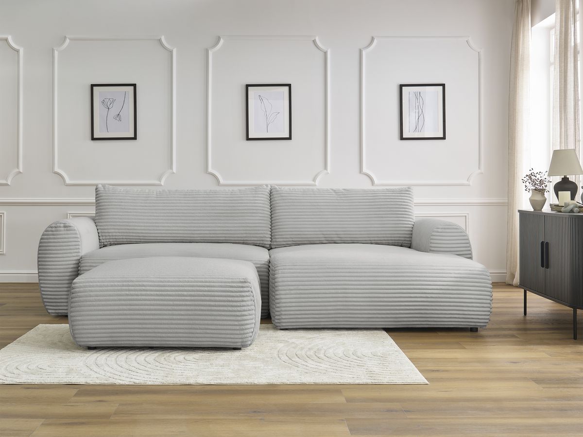 Canapé d'angle convertible coffre LUCIEN gros côtelé doux avec pouf gris clair — vue 5