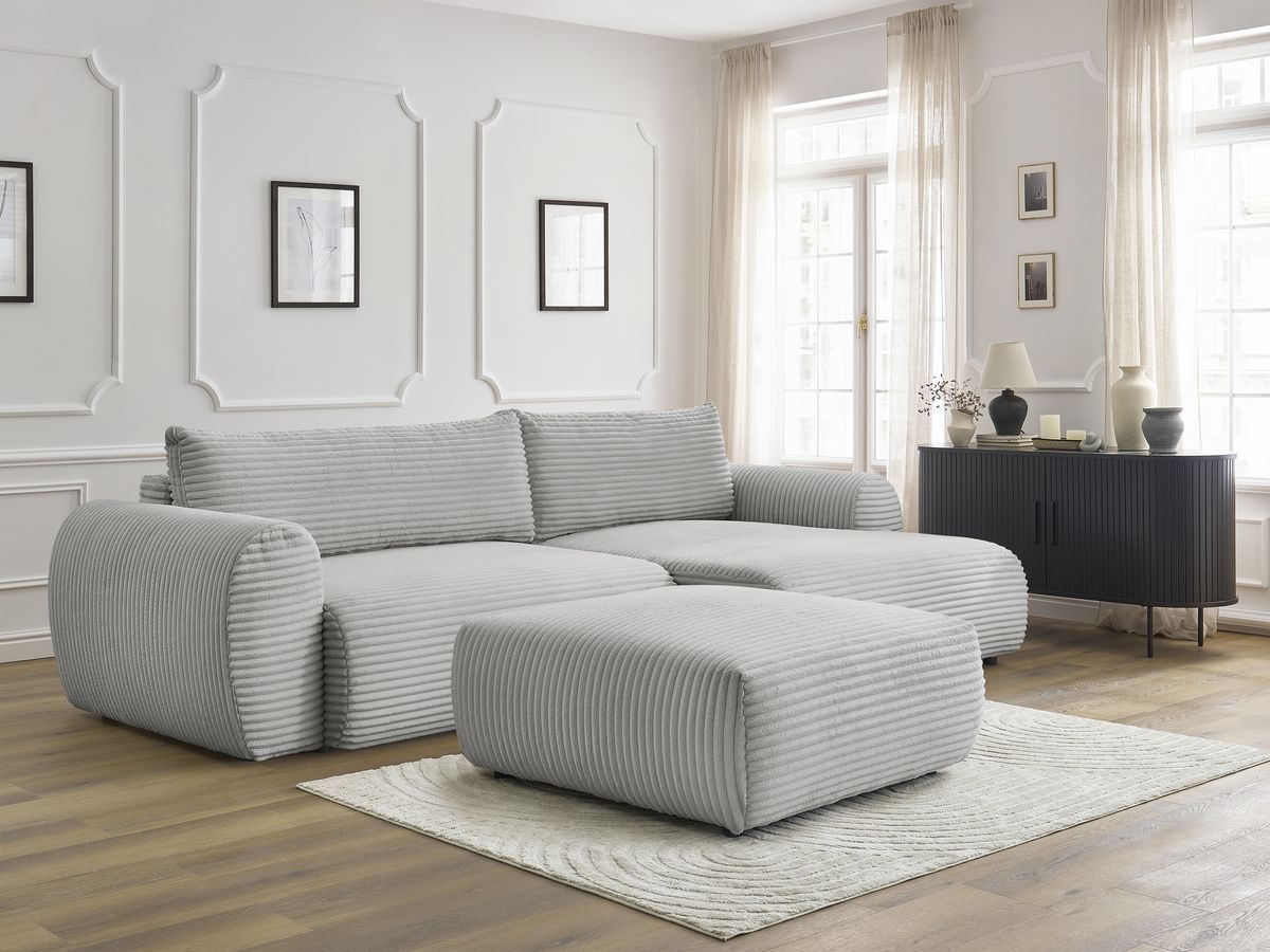 Canapé d'angle convertible coffre LUCIEN gros côtelé doux avec pouf