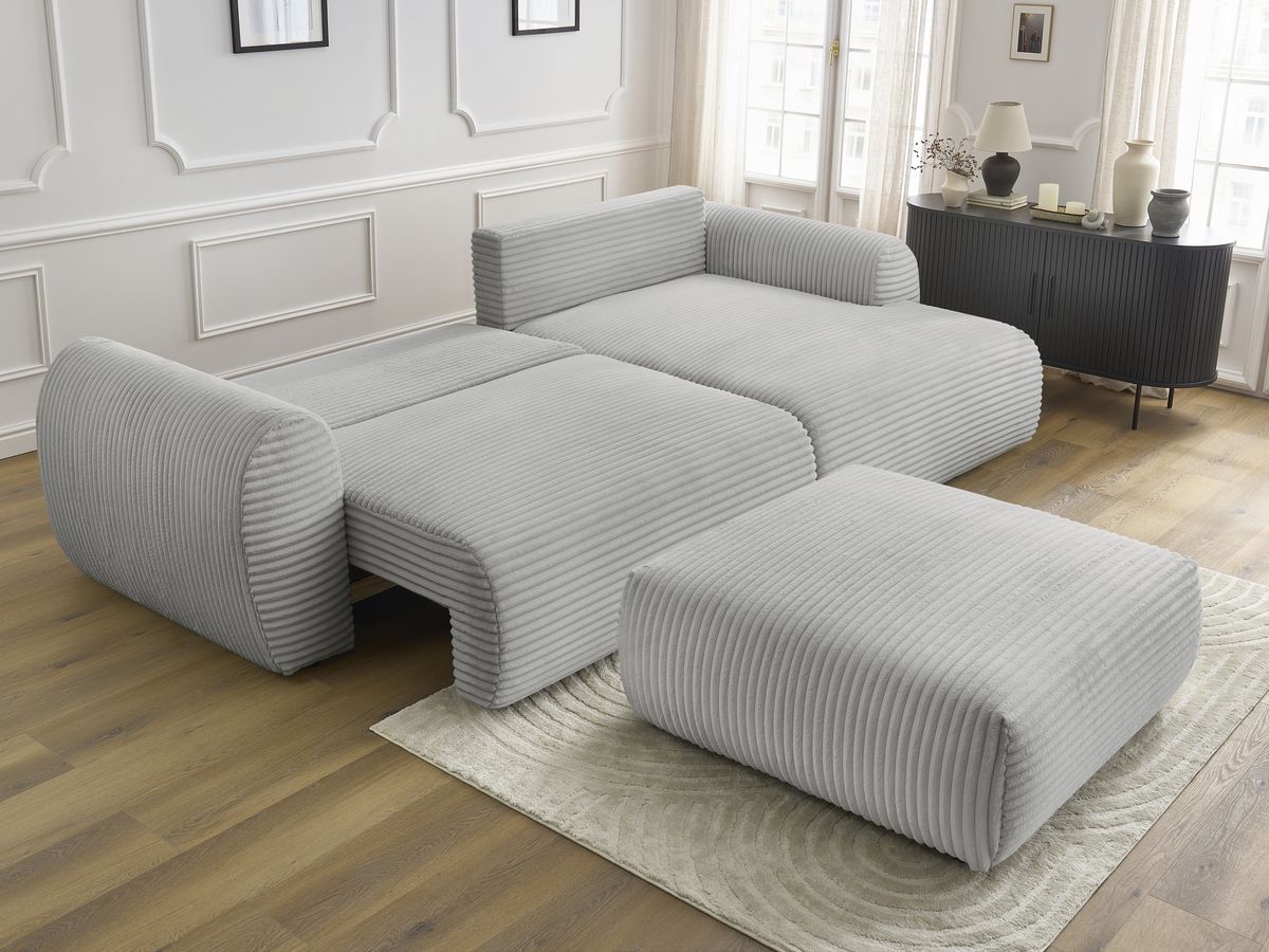 Canapé d'angle convertible coffre LUCIEN gros côtelé doux avec pouf