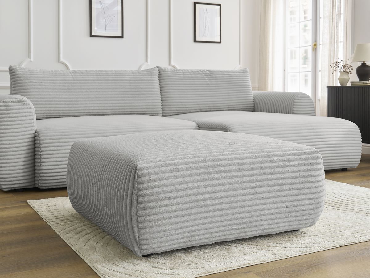 Canapé d'angle convertible coffre LUCIEN gros côtelé doux avec pouf