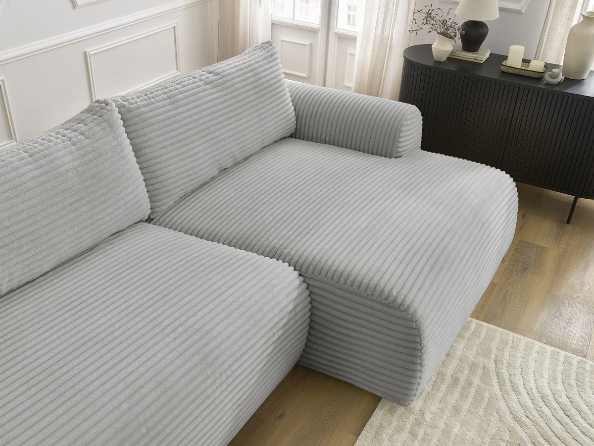 Canapé d'angle convertible coffre LUCIEN gros côtelé doux avec pouf
