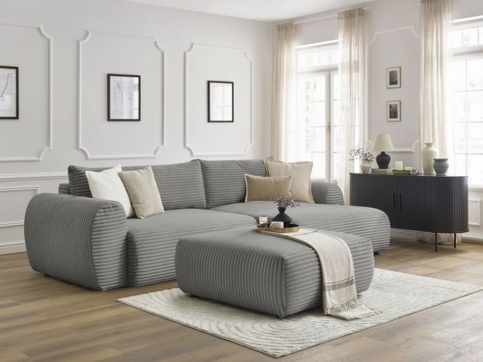 Canapé d'angle convertible coffre LUCIEN gros côtelé doux avec pouf