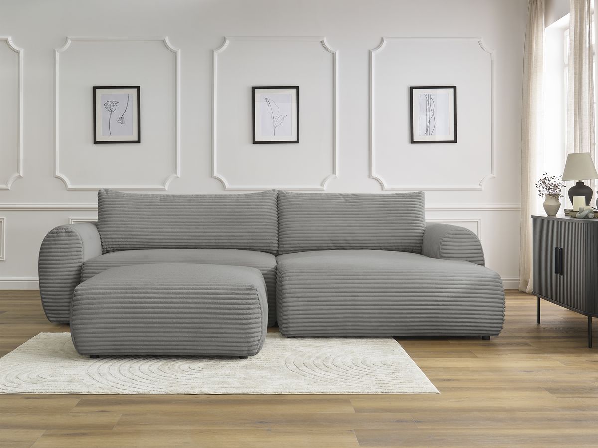 Canapé d'angle convertible coffre LUCIEN gros côtelé doux avec pouf gris foncé — vue 5