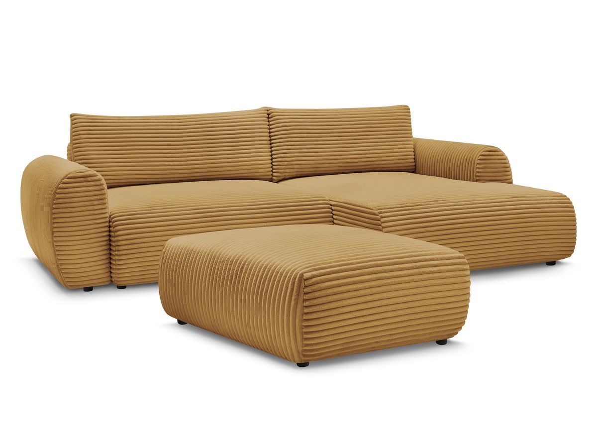Canapé d'angle convertible coffre LUCIEN gros côtelé doux avec pouf