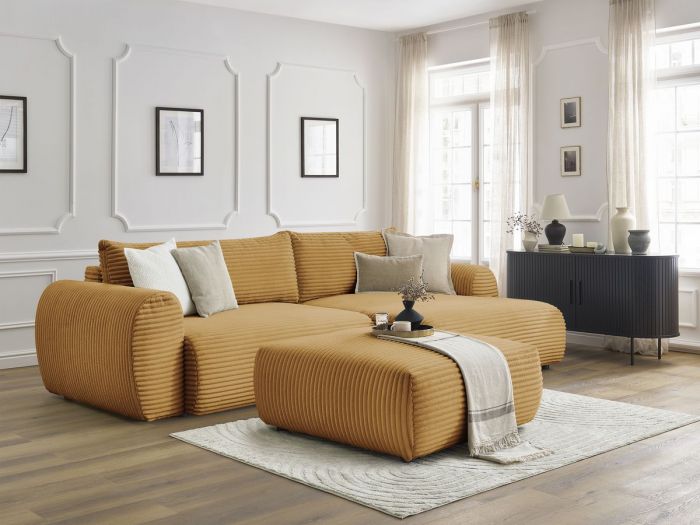 Canapé d'angle convertible coffre LUCIEN gros côtelé doux avec pouf