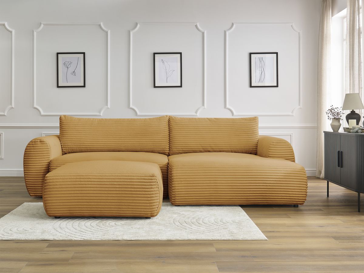 Canapé d'angle convertible coffre LUCIEN gros côtelé doux avec pouf jaune — vue 5