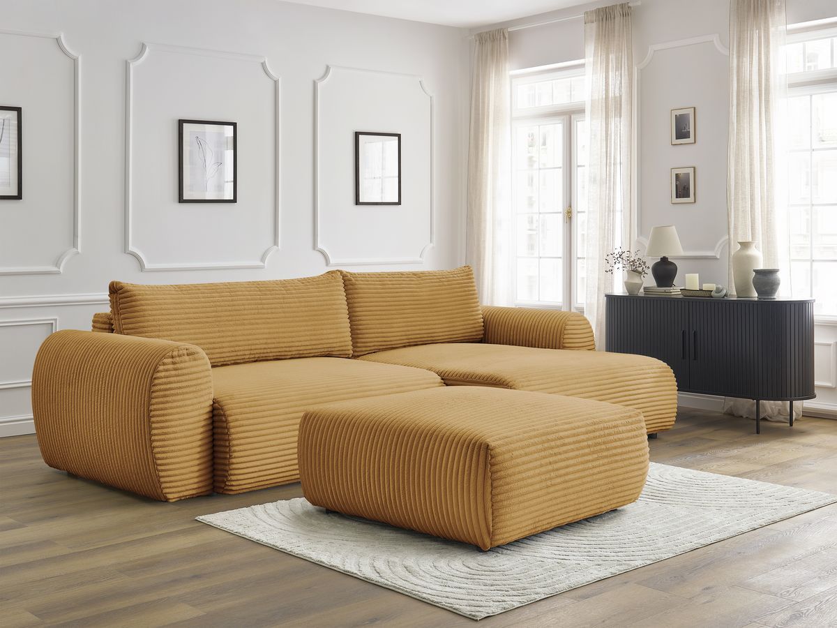 Canapé d'angle convertible coffre LUCIEN gros côtelé doux avec pouf