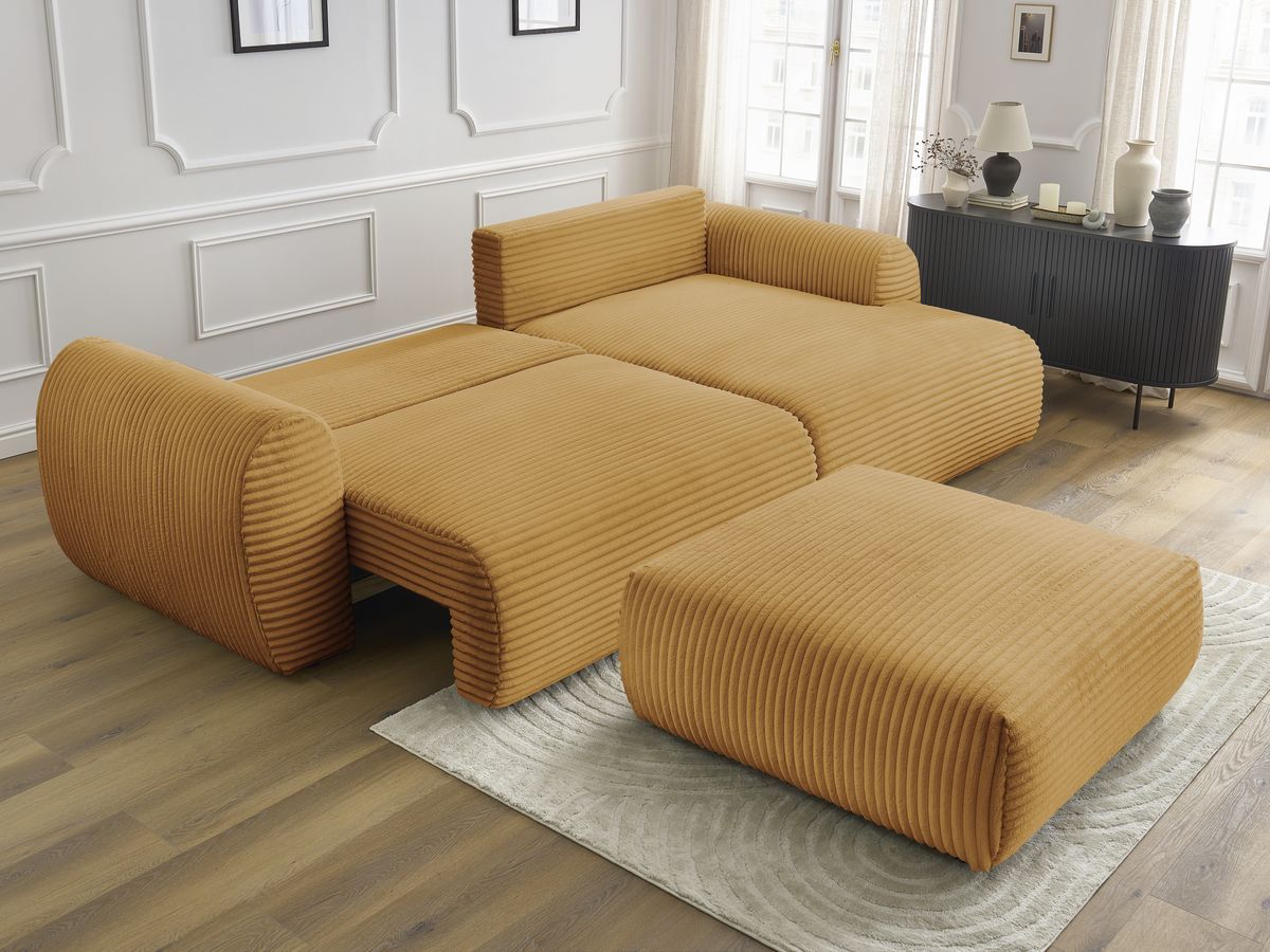 Canapé d'angle convertible coffre LUCIEN gros côtelé doux avec pouf