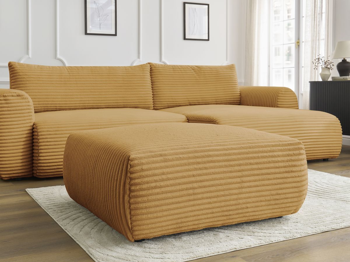 Canapé d'angle convertible coffre LUCIEN gros côtelé doux avec pouf