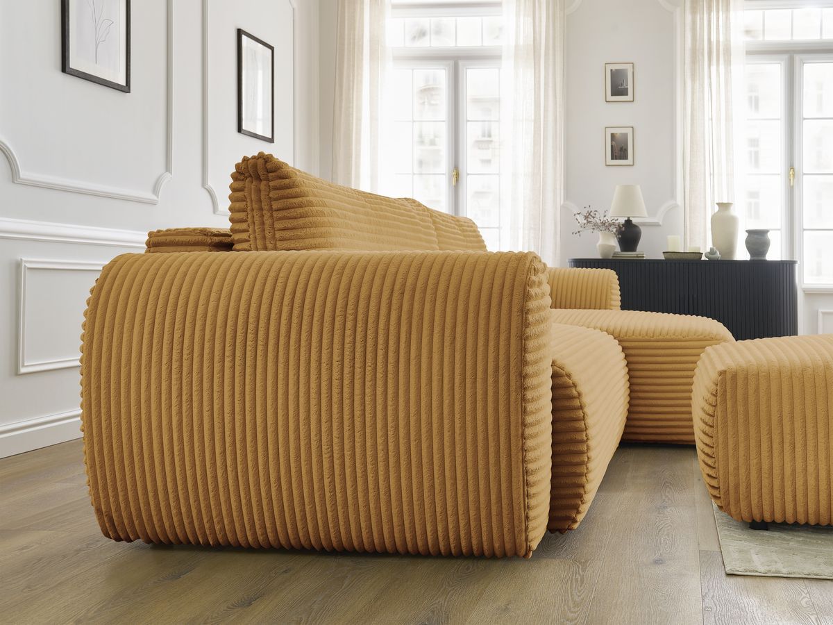 Canapé d'angle convertible coffre LUCIEN gros côtelé doux avec pouf
