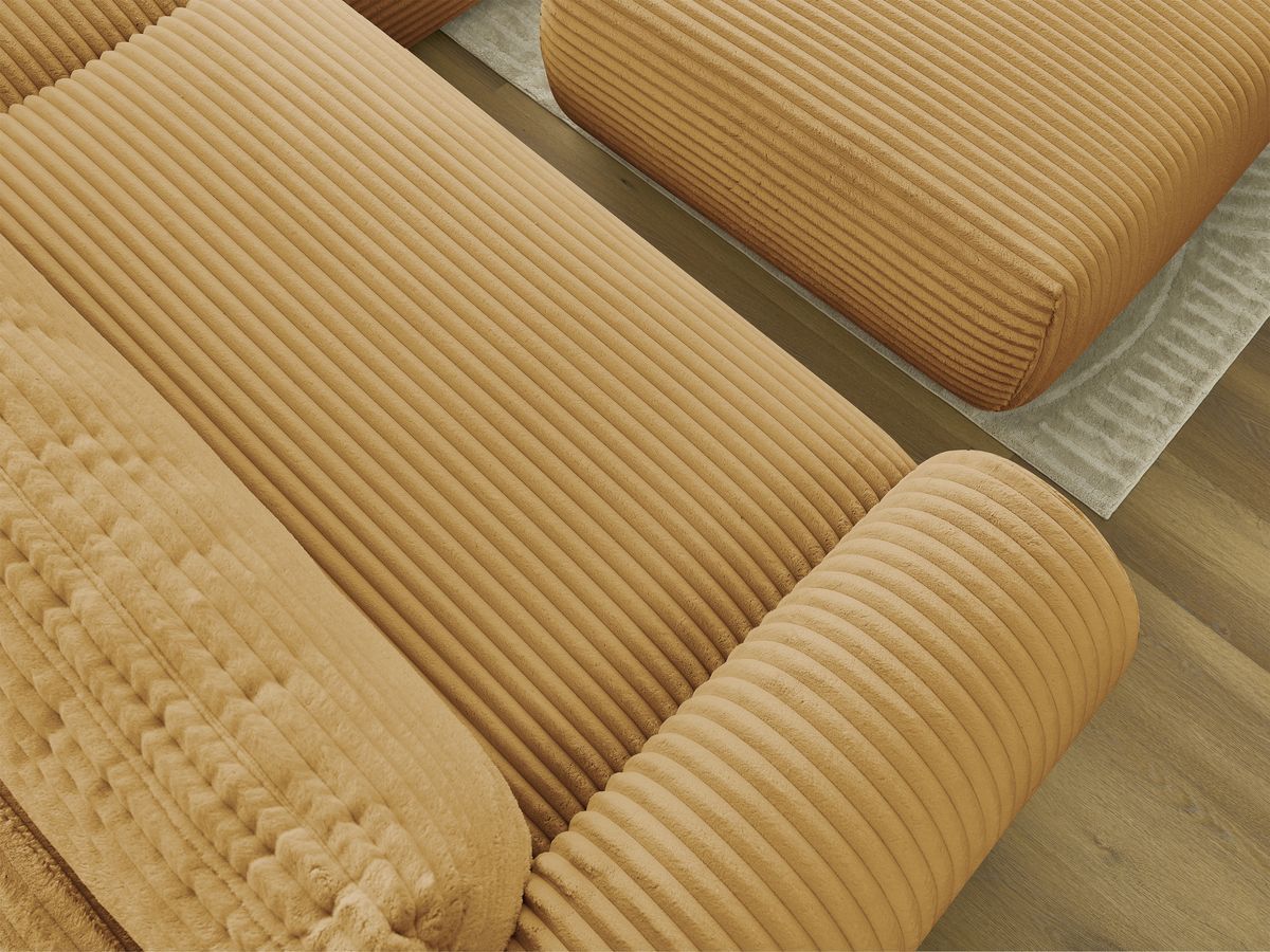 Canapé d'angle convertible coffre LUCIEN gros côtelé doux avec pouf