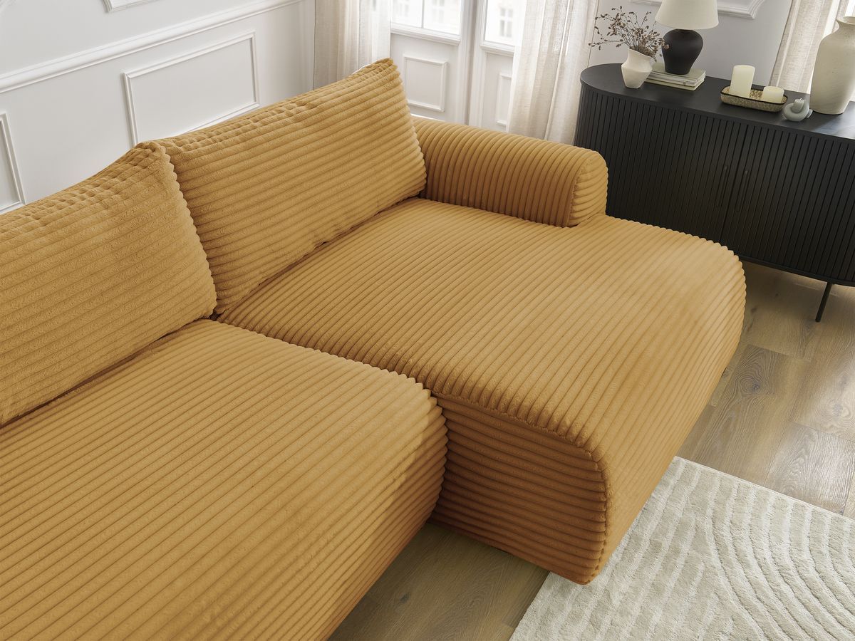 Canapé d'angle convertible coffre LUCIEN gros côtelé doux avec pouf