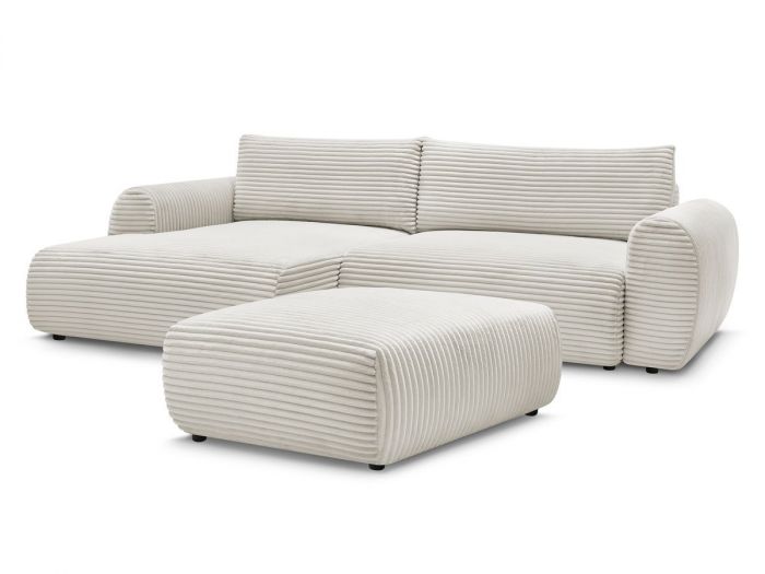 Canapé d'angle convertible coffre LUCIEN gros côtelé doux avec pouf