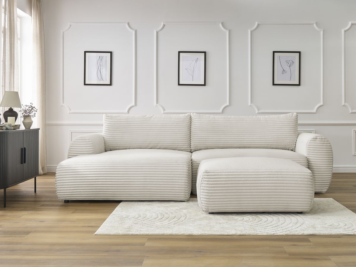 Canapé d'angle convertible coffre LUCIEN gros côtelé doux avec pouf beige angle gauche BOBOCHIC 5 places - Vue supplémentaire 3