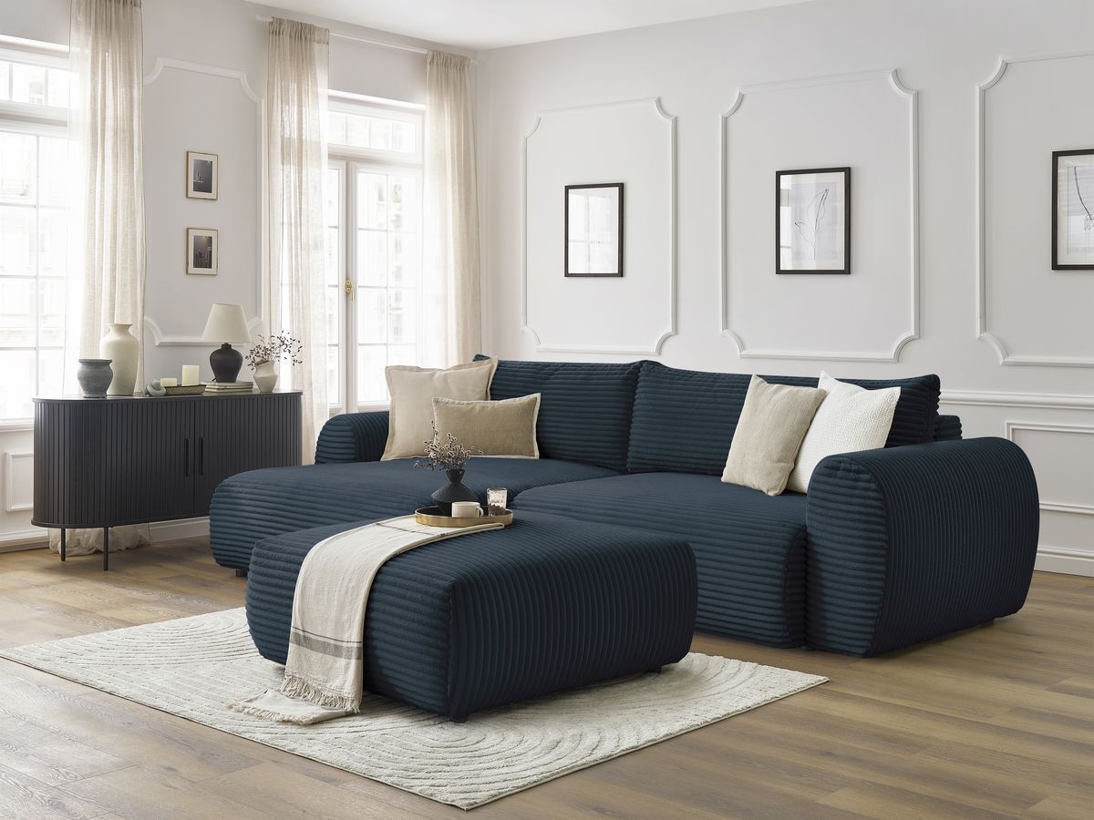 Canapé d'angle convertible coffre LUCIEN gros côtelé doux avec pouf