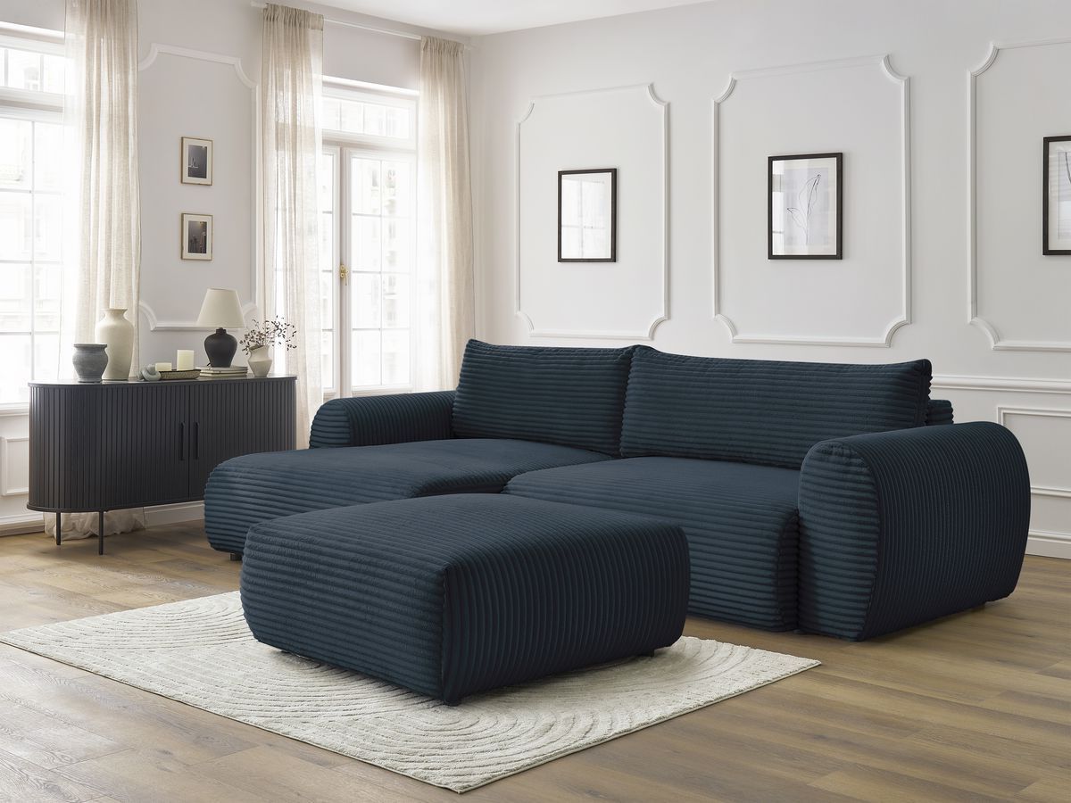 Canapé d'angle convertible coffre LUCIEN gros côtelé doux avec pouf