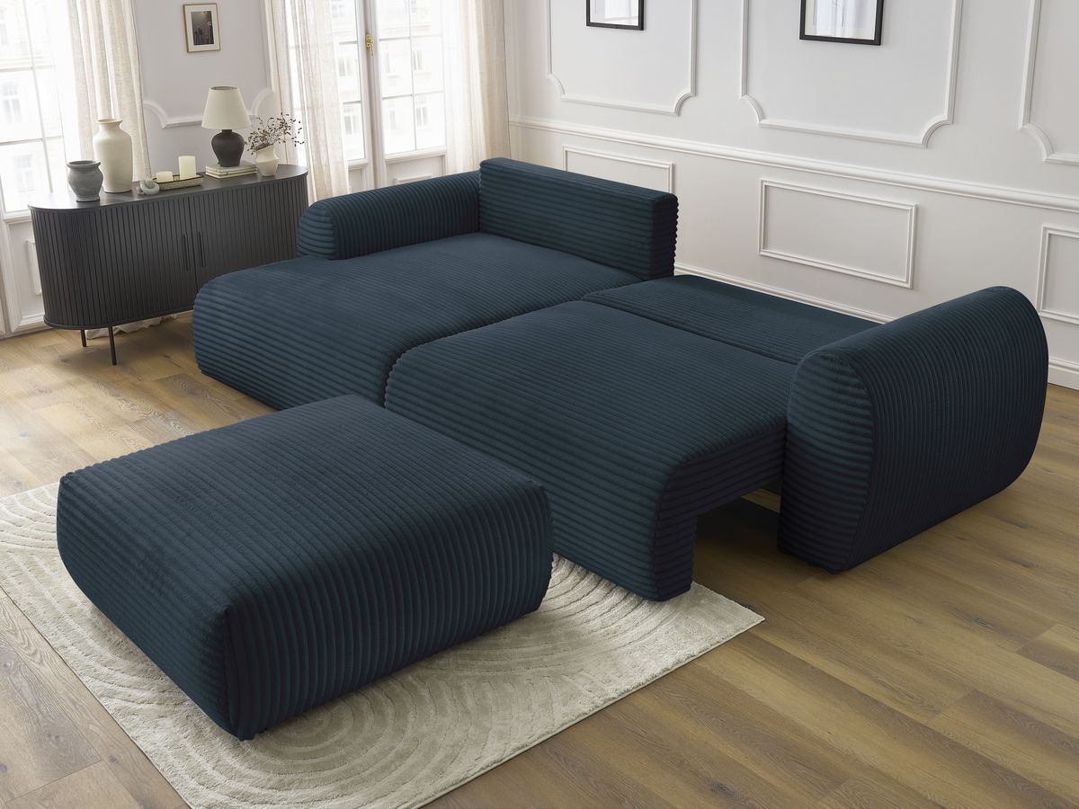 Canapé d'angle convertible coffre LUCIEN gros côtelé doux avec pouf