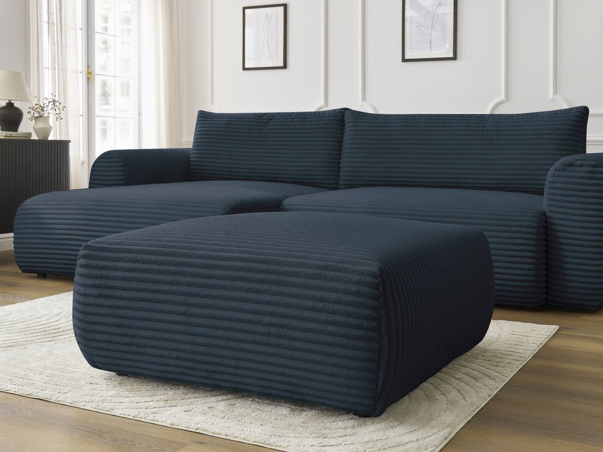 Canapé d'angle convertible coffre LUCIEN gros côtelé doux avec pouf