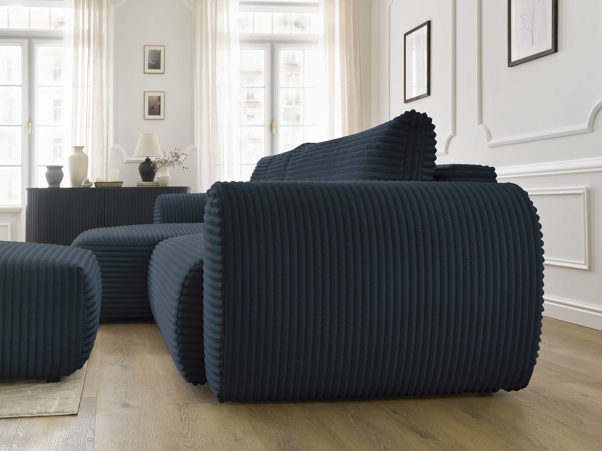 Canapé d'angle convertible coffre LUCIEN gros côtelé doux avec pouf
