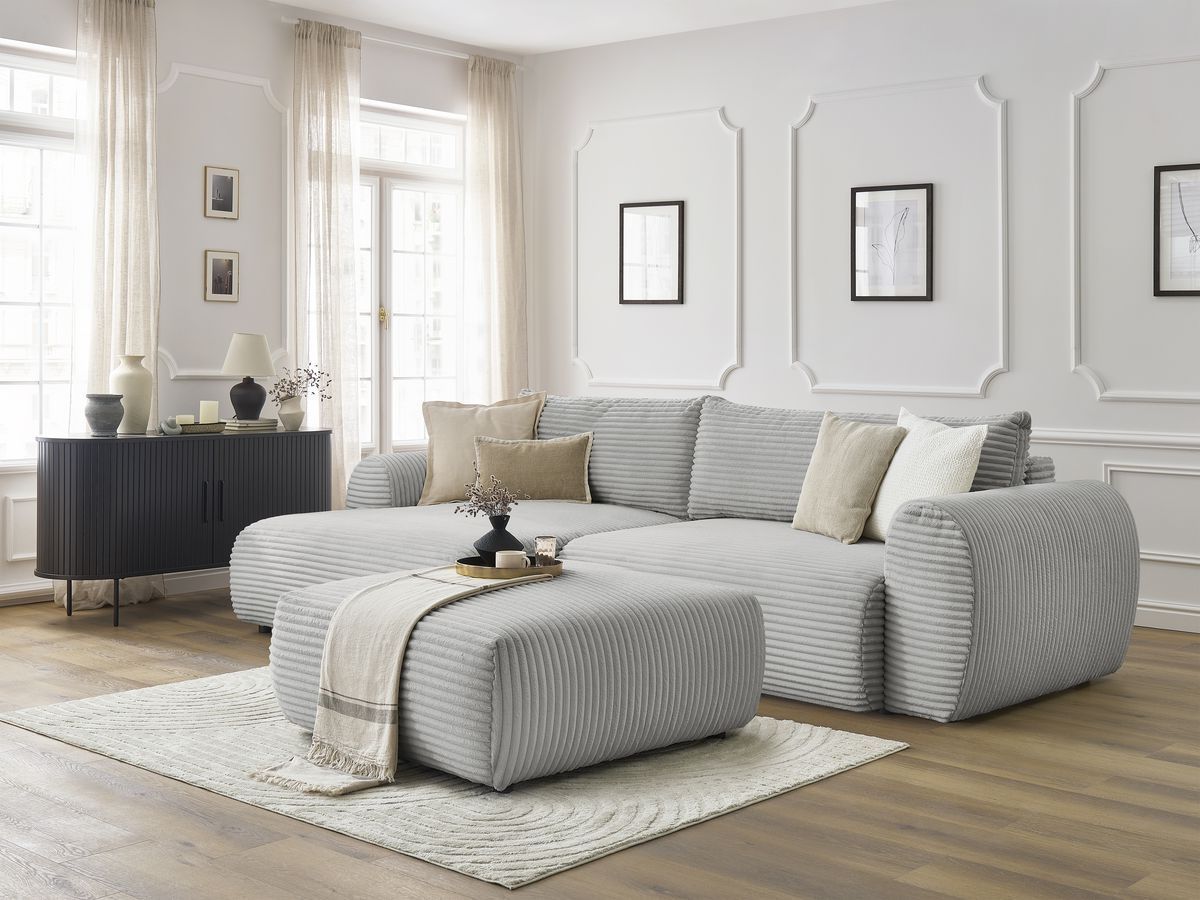 Canapé d'angle convertible coffre LUCIEN gros côtelé doux avec pouf