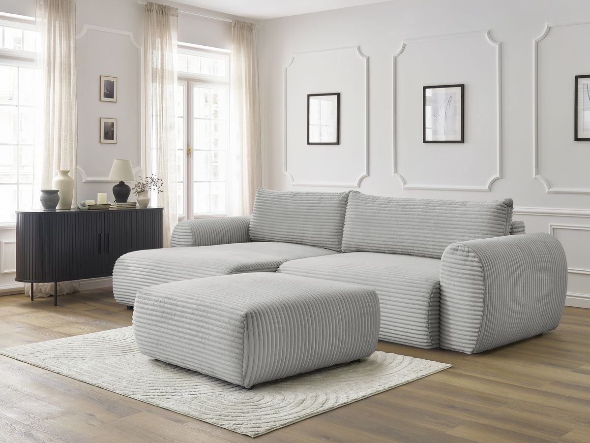 Canapé d'angle convertible coffre LUCIEN gros côtelé doux avec pouf