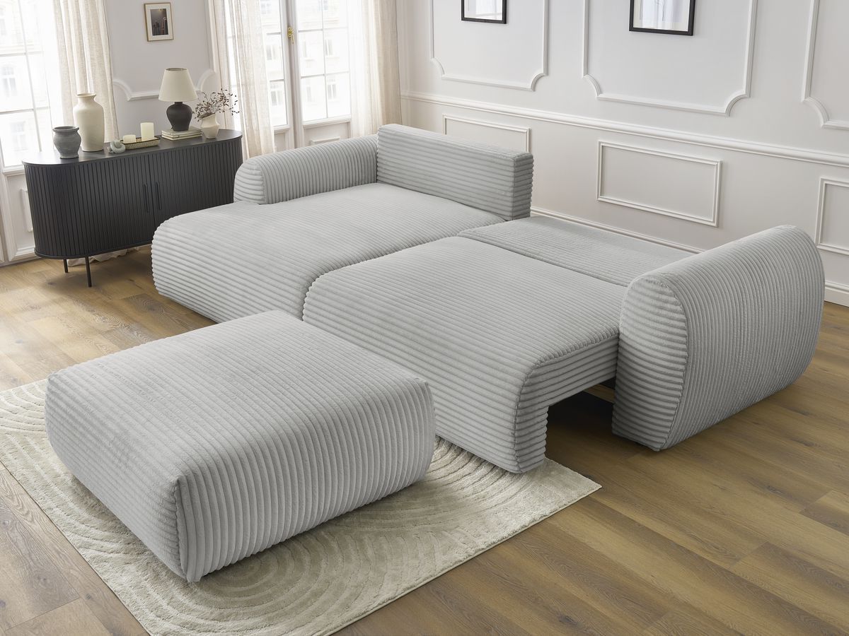 Canapé d'angle convertible coffre LUCIEN gros côtelé doux avec pouf