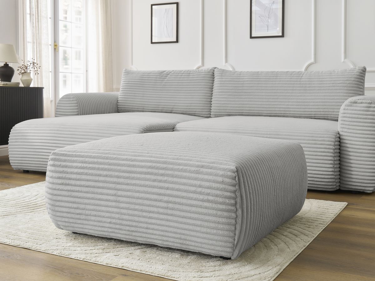 Canapé d'angle convertible coffre LUCIEN gros côtelé doux avec pouf