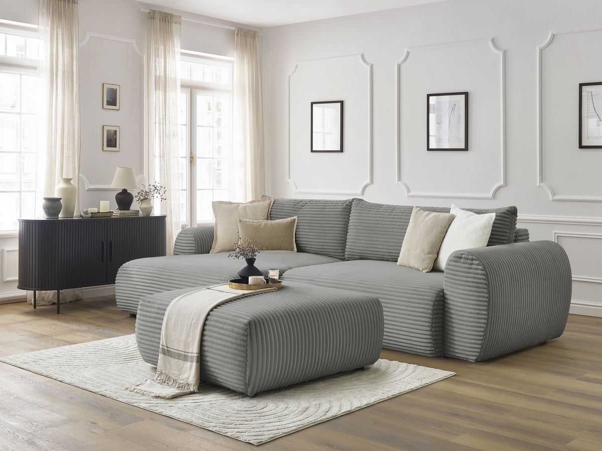 Canapé d'angle convertible coffre LUCIEN gros côtelé doux avec pouf
