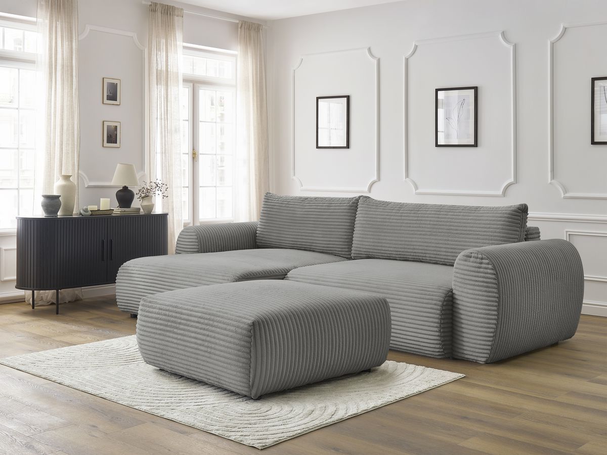Canapé d'angle convertible coffre LUCIEN gros côtelé doux avec pouf