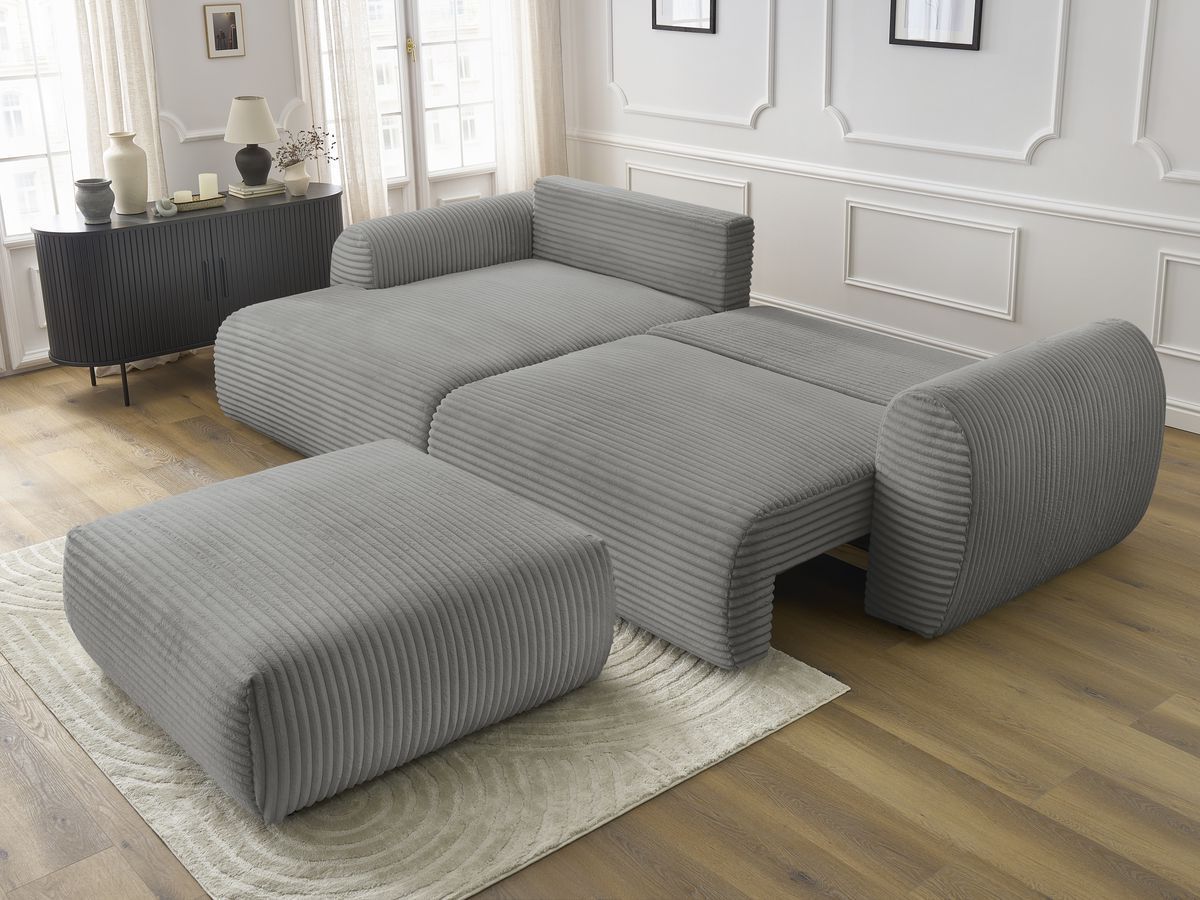 Canapé d'angle convertible coffre LUCIEN gros côtelé doux avec pouf