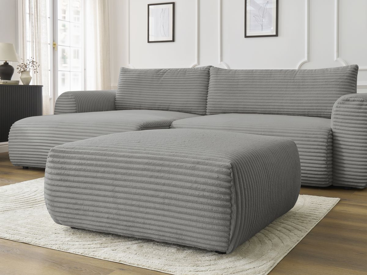 Canapé d'angle convertible coffre LUCIEN gros côtelé doux avec pouf
