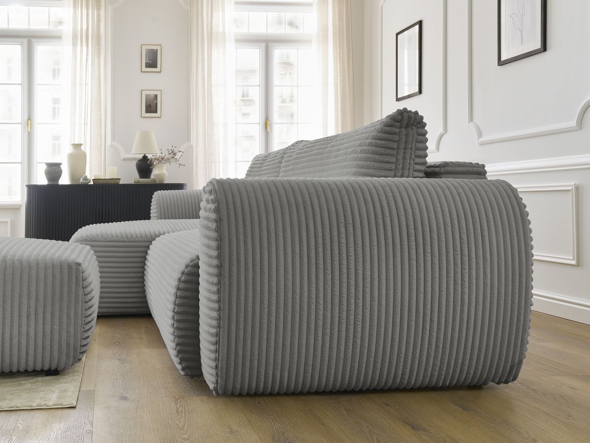 Canapé d'angle convertible coffre LUCIEN gros côtelé doux avec pouf