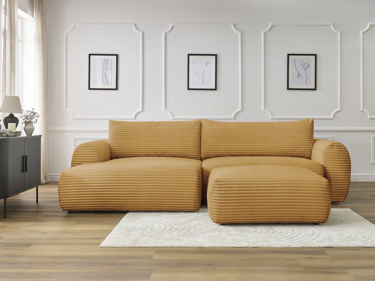 Canapé d'angle convertible coffre LUCIEN gros côtelé doux avec pouf jaune angle gauche BOBOCHIC 5 places - Vue supplémentaire 3