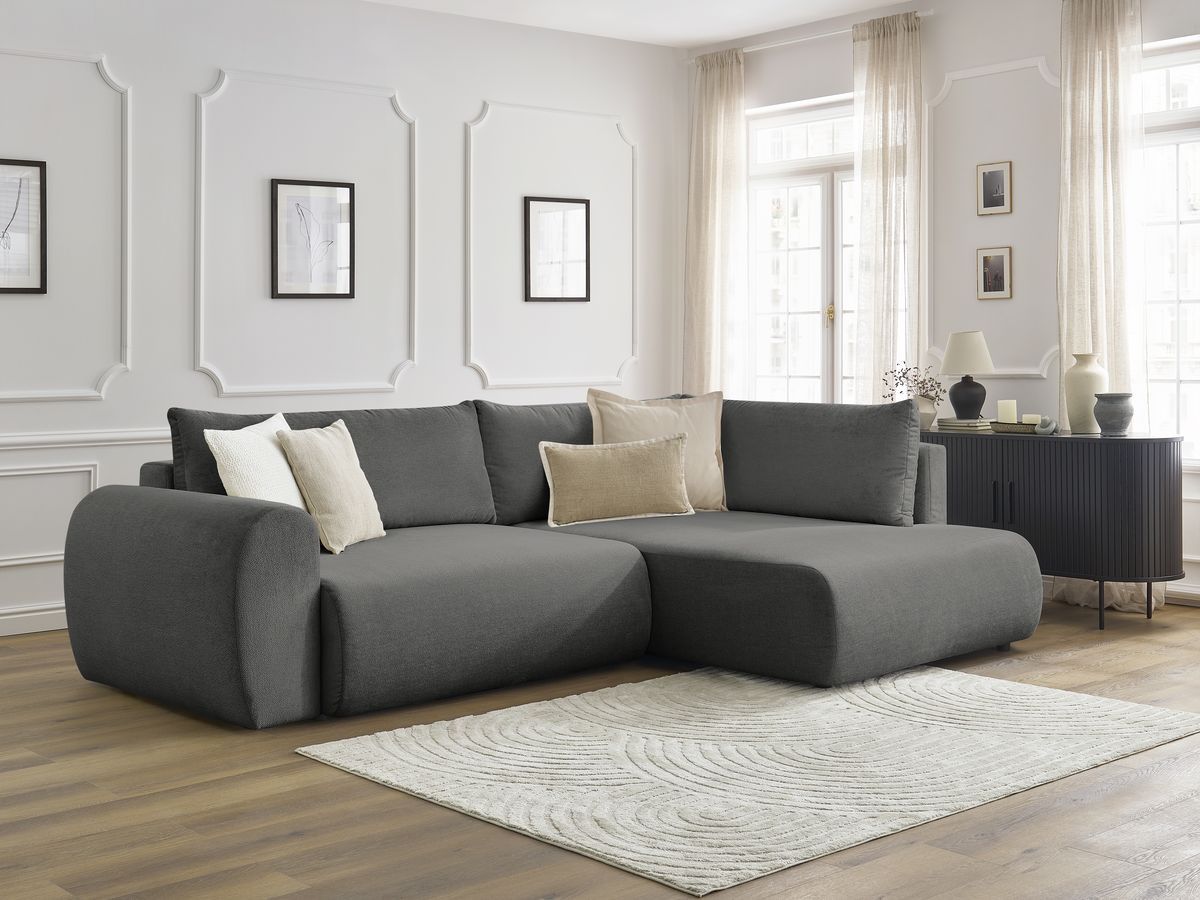 Canapé d'angle L convertible coffre LUCIEN tissu lisse