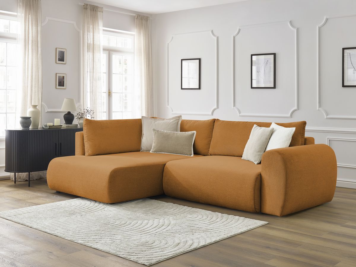 Canapé d'angle L convertible coffre LUCIEN tissu lisse