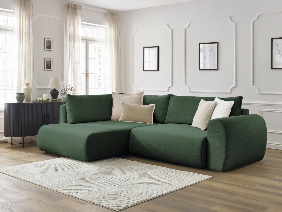 Canapé d'angle L convertible coffre LUCIEN tissu lisse