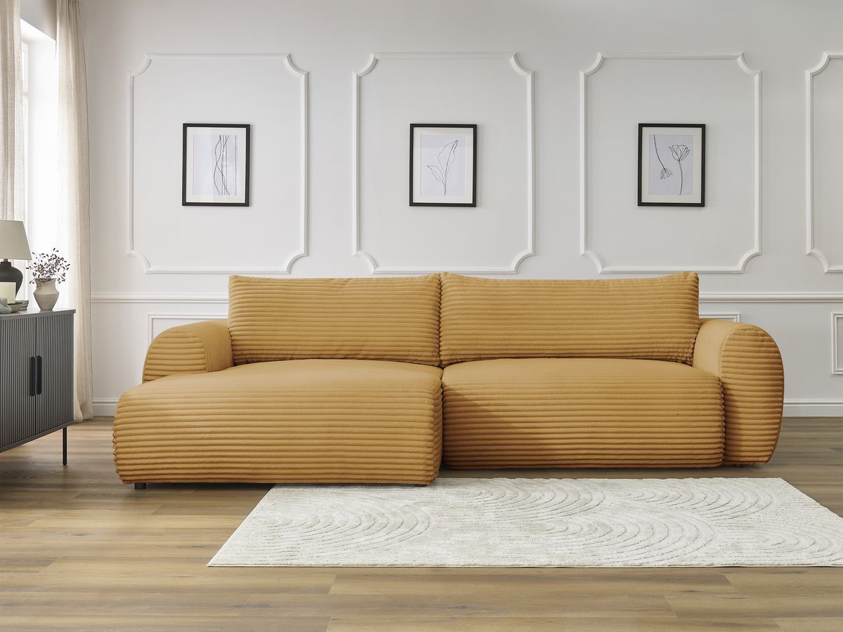 Canapé d'angle convertible coffre LUCIEN gros côtelé doux jaune angle gauche BOBOCHIC 4 places - Vue supplémentaire 3