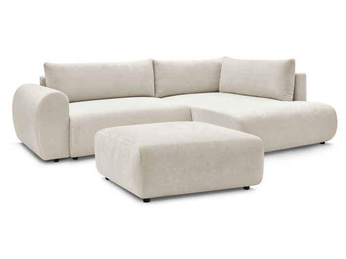 Canapé d'angle L convertible coffre LUCIEN tissu lisse avec pouf