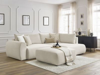 Canapé d'angle L convertible coffre LUCIEN tissu lisse avec pouf