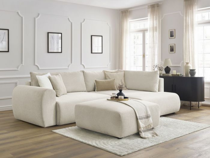 Canapé d'angle L convertible coffre LUCIEN tissu lisse avec pouf