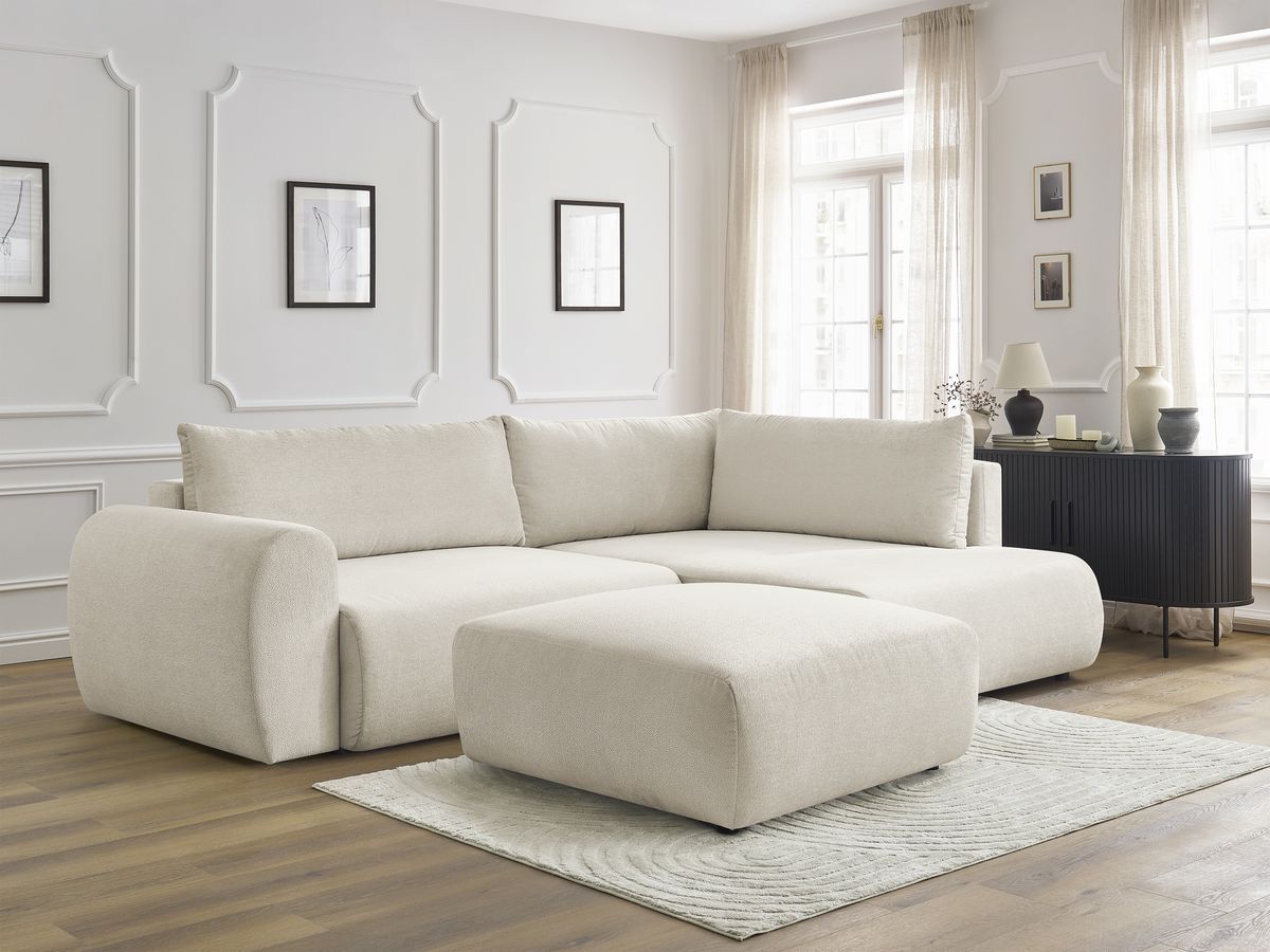 Canapé d'angle L convertible coffre LUCIEN tissu lisse avec pouf