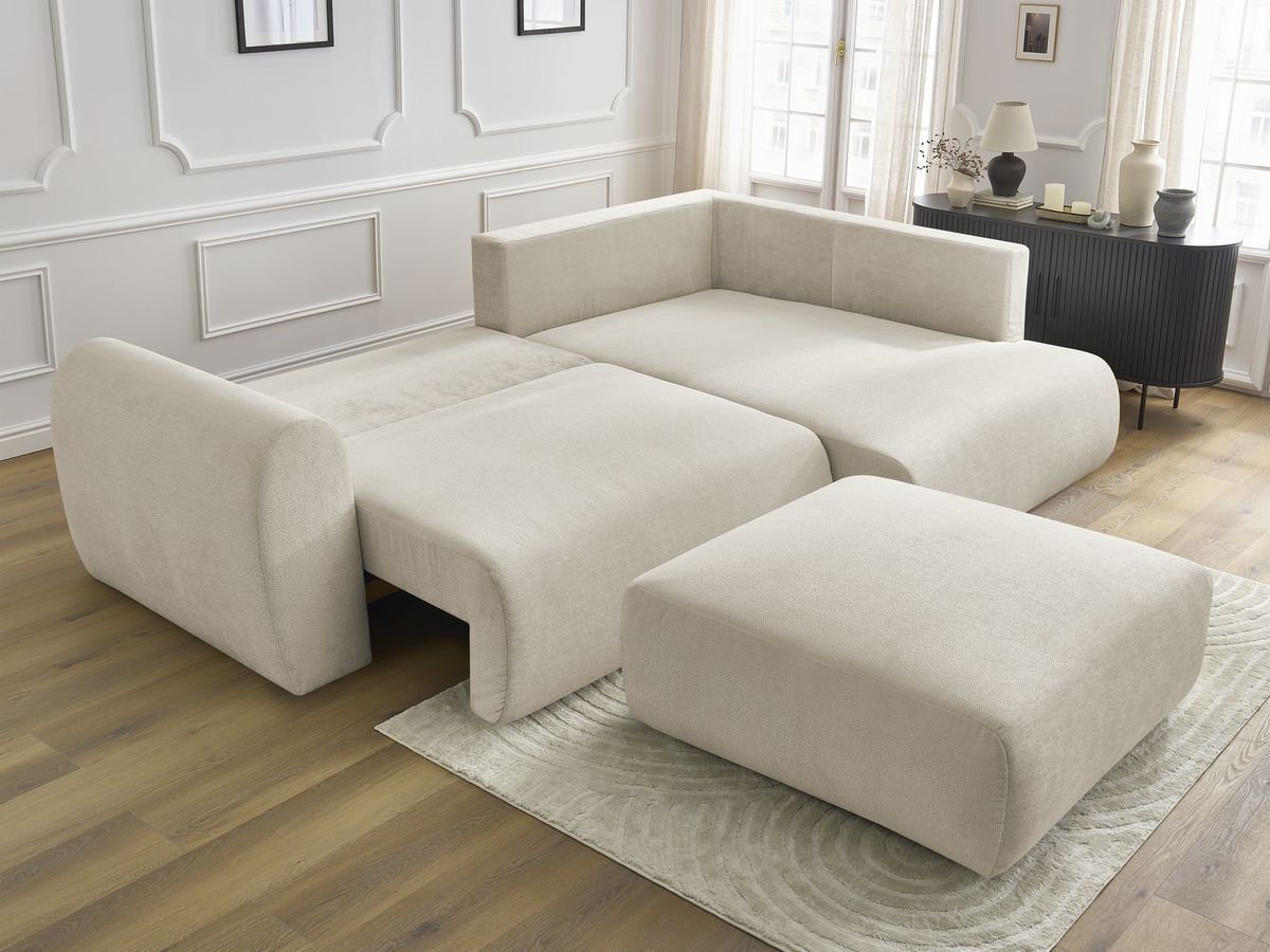 Canapé d'angle L convertible coffre LUCIEN tissu lisse avec pouf