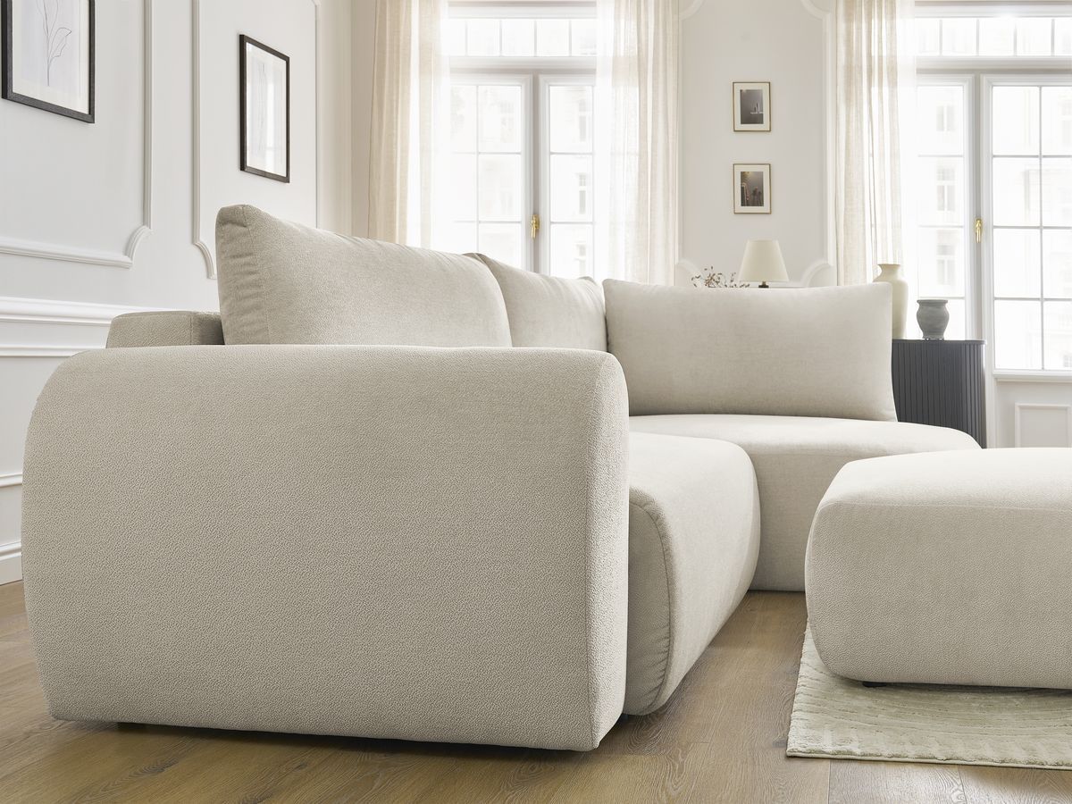 Canapé d'angle L convertible coffre LUCIEN tissu lisse avec pouf