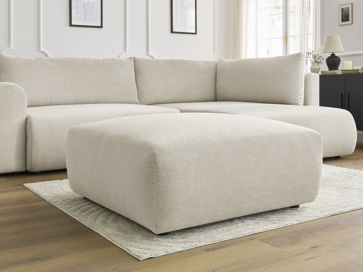 Canapé d'angle L convertible coffre LUCIEN tissu lisse avec pouf