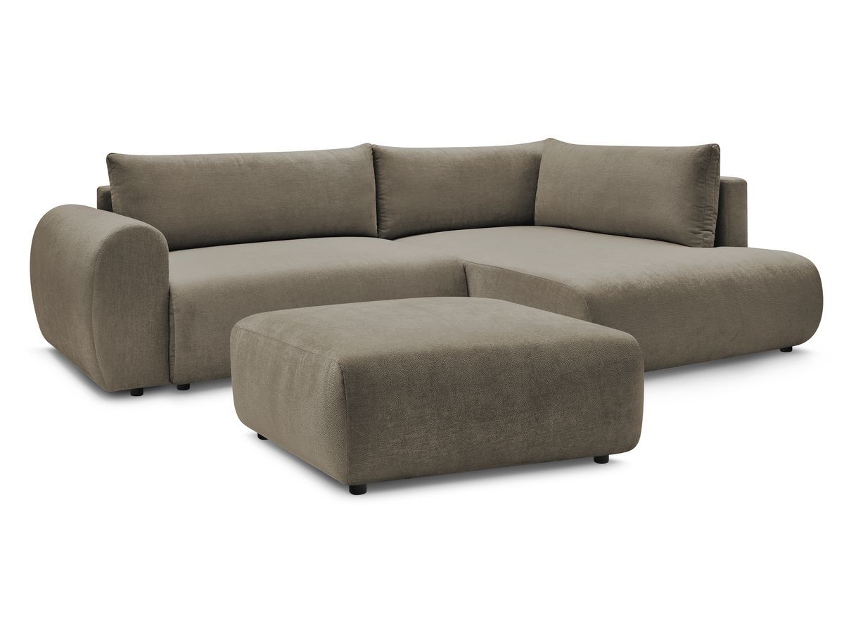 Canapé d'angle L convertible coffre LUCIEN tissu lisse avec pouf